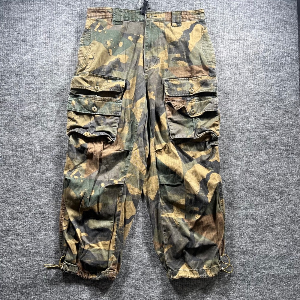 Mens Camo Cargo Pants Medium Green Brown Woodland Camouflage Drawstring Hem